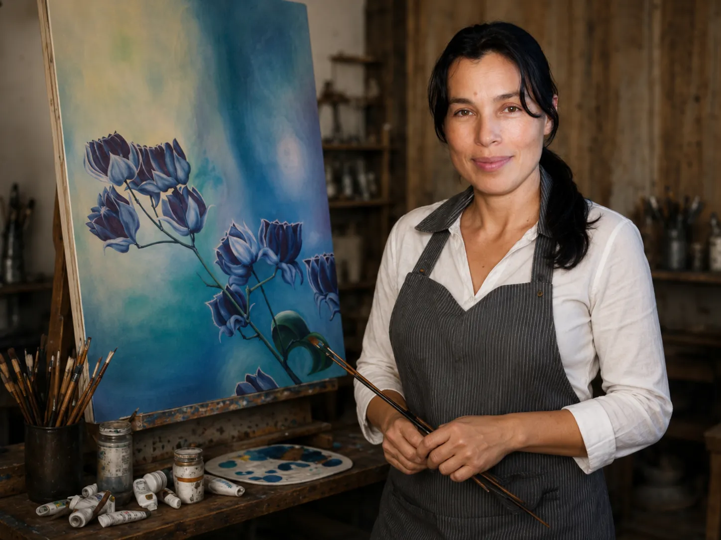 Sol Riano in her studio with a painting